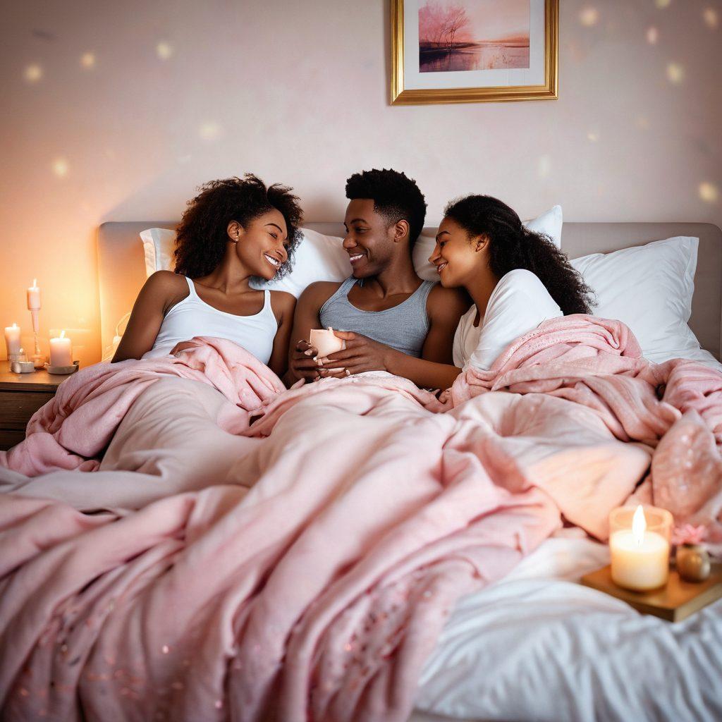 A warm, inviting bedroom scene with soft lighting, where two diverse couples are joyfully engaging in intimate activities, surrounded by cozy elements like plush blankets and candles. Include subtle symbols of connection like intertwined hands and open hearts in the background to symbolize ecstasy and intimacy. The atmosphere should evoke feelings of love and warmth, with a color palette of soft pinks and golds. painting. vibrant colors. soft focus.