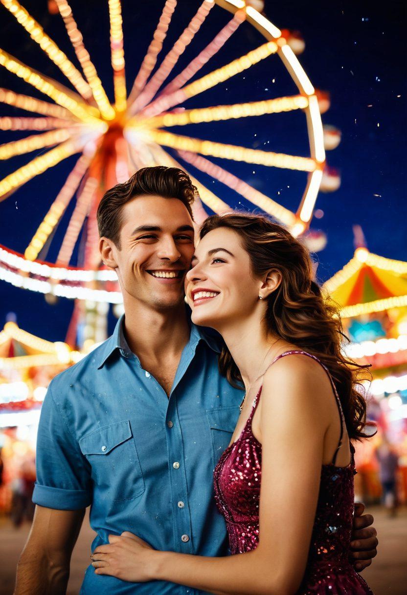 A whimsical scene depicting a couple enjoying a vibrant carnival, surrounded by colorful amusement rides and twinkling fairy lights. The atmosphere is filled with laughter and joy, with hints of romance in their gestures. Include a backdrop of a starry night sky, highlighting the magic of the moment. Capture a sense of adventure and intimacy. vibrant colors. whimsical style. night setting.